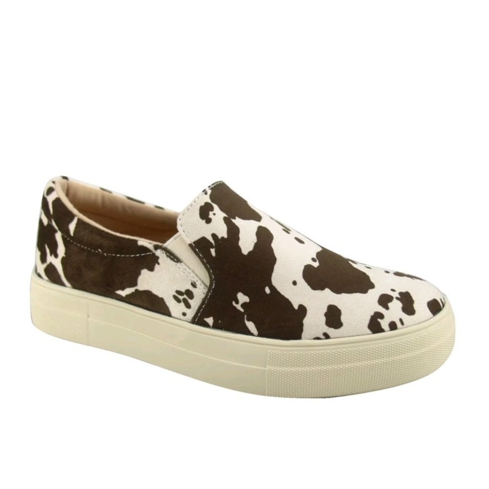 Women Slip on Platform Sneakers Cream Brown Cow Print Foam Cushioned Flats 7.5